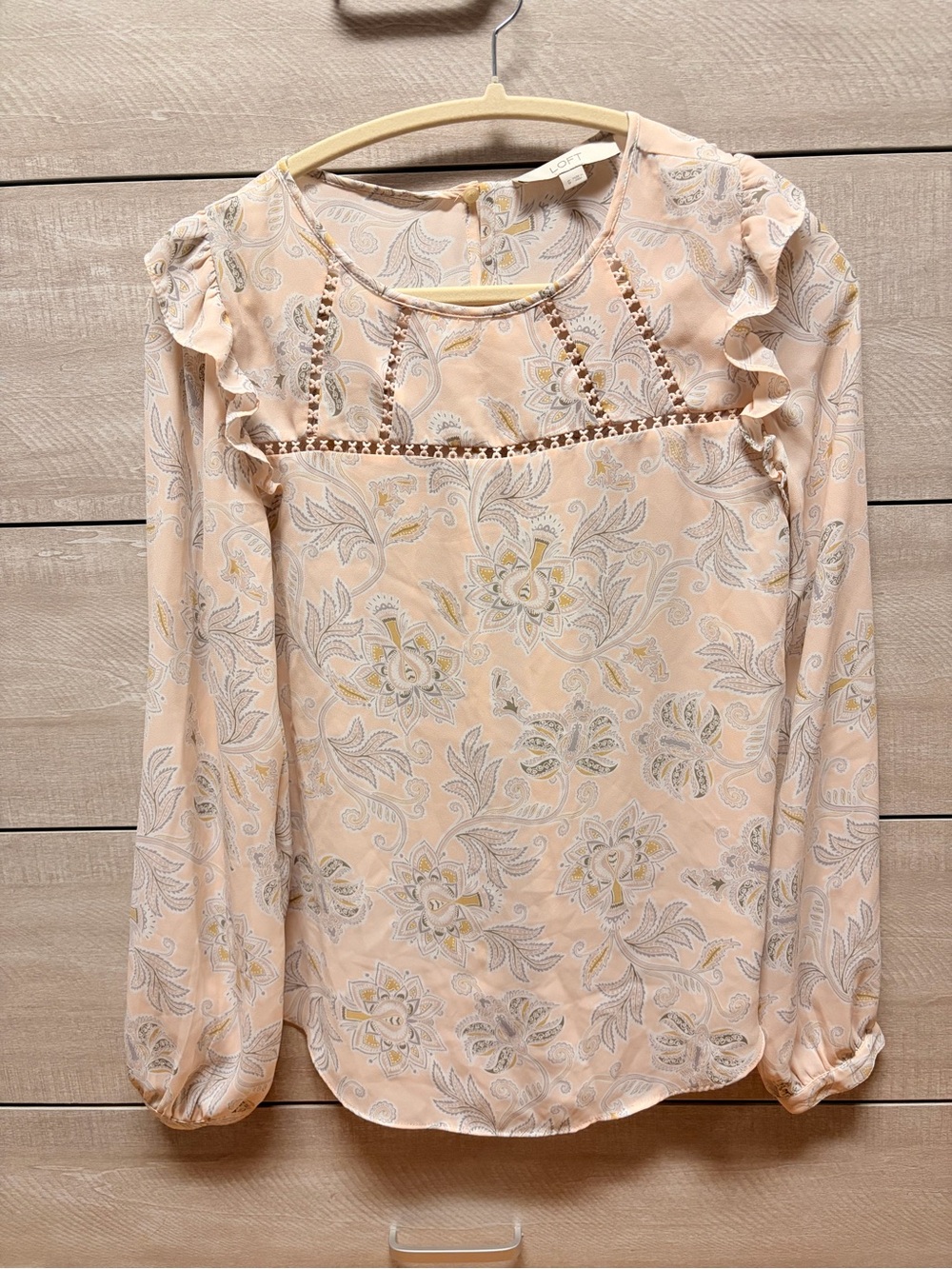 LOFT Light Peach Floral Ruffle Long-Sleeve Top